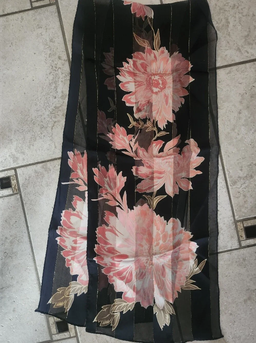 Vtg Sheer Black Floral Silk Scarf with Pink Bloom Print